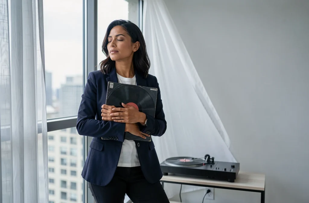 Femme tenant un vinyle en contemplation devant une fenêtre urbaine, illustration de l'écoute analytique et émotionnelle de La Symphonie des Éclairs de Zaho