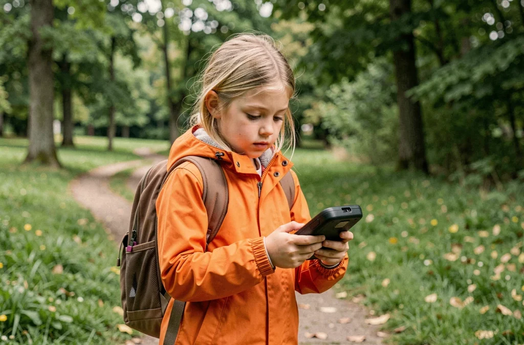Fillette de 10 ans utilisant un appareil GPS portable dans un parc verdoyant lors d'une activité d'exploration