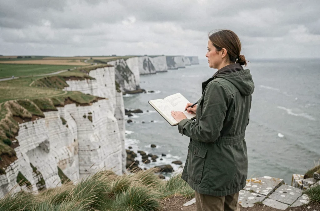 Géographe observant les falaises côtières de Normandie lors d'une étude de terrain du territoire