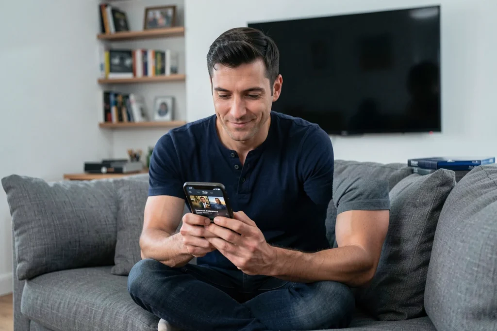 Homme consultant une application de sélection de films quotidiens sur smartphone dans son salon minimaliste