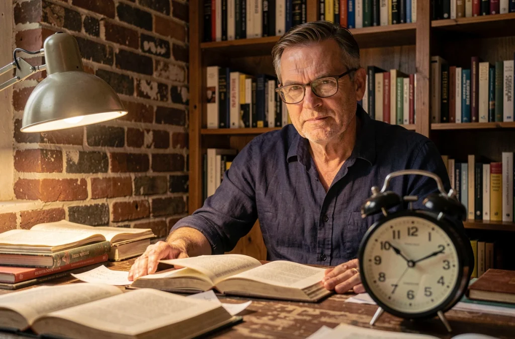 Homme studieux assis devant un réveil indiquant minuit dans un bureau bibliothèque, symbole de la confusion AM et PM