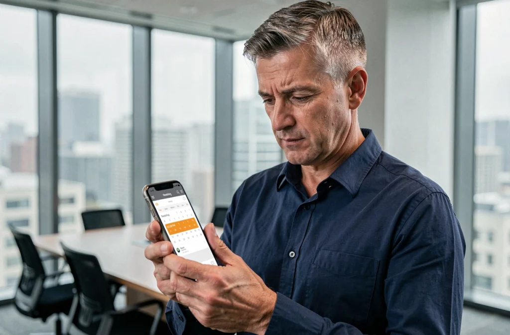 Homme consultant son téléphone avec un calendrier numérique affichant une heure en format AM PM dans une salle de réunion moderne