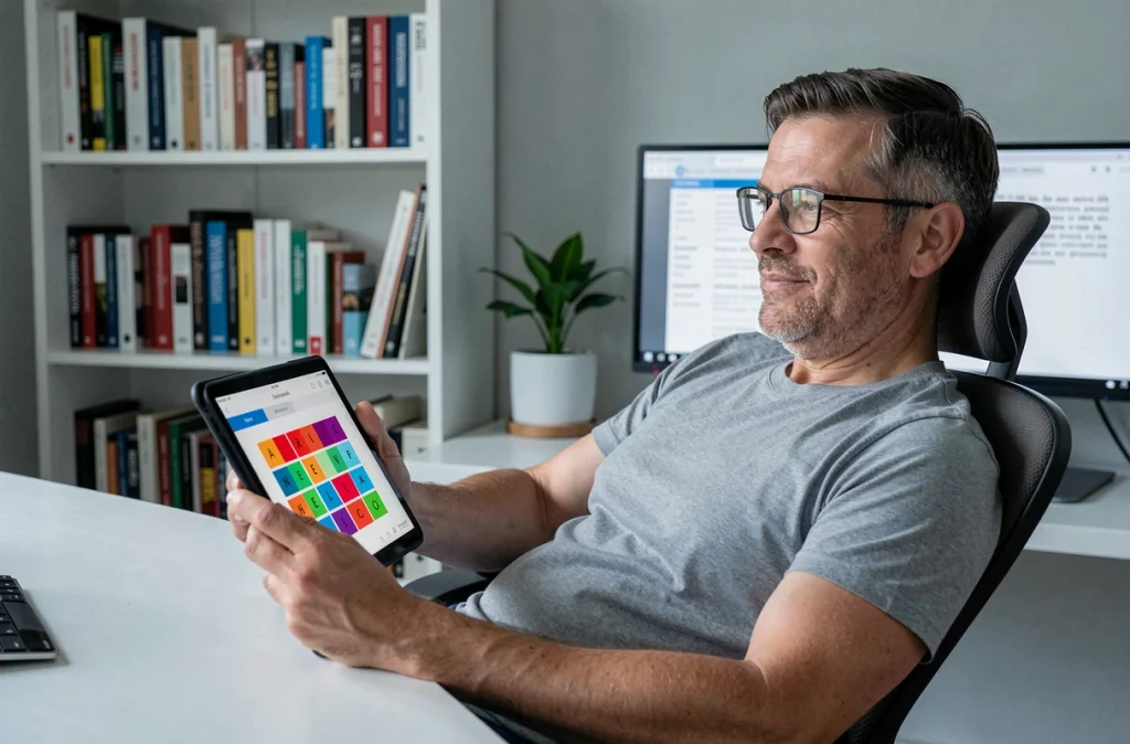 Homme consultant une application de mots avec lettres sur tablette dans un bureau à domicile