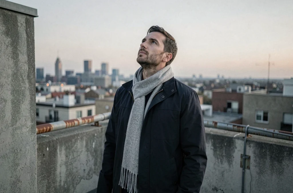 Homme sur un toit urbain au crépuscule, regard introspectif vers le ciel, symbolisant la connexion spirituelle entre flammes jumelles en séparation