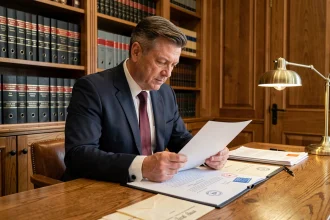 Huissier de justice en costume formel examinant un courrier officiel dans son bureau avec des documents tamponnés