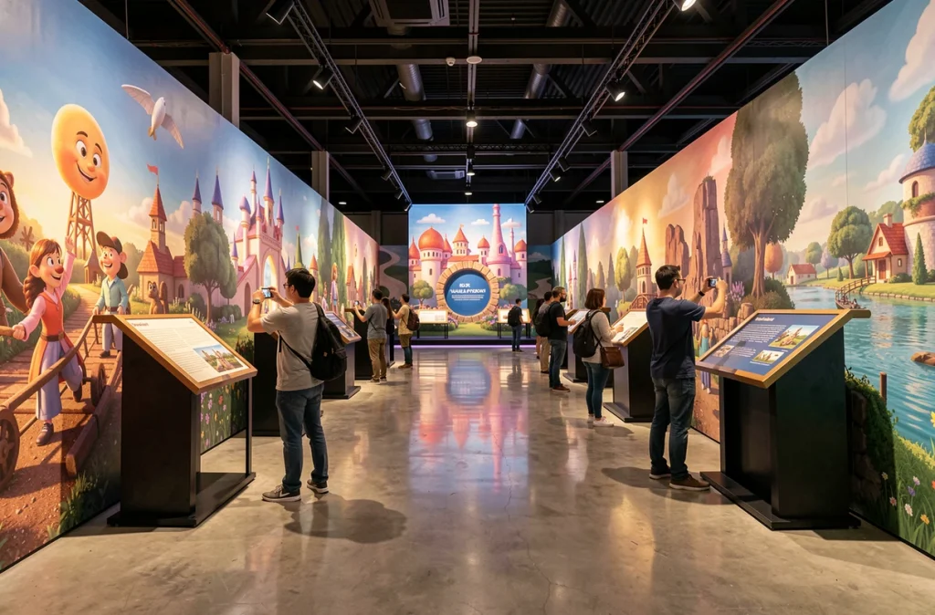 Intérieur de l'exposition Pixar avec décors immersifs et visiteurs dans une galerie d'art