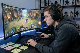 Joueur concentré sur son setup gaming avec interface d'arène PvP et notes de macros sur le bureau