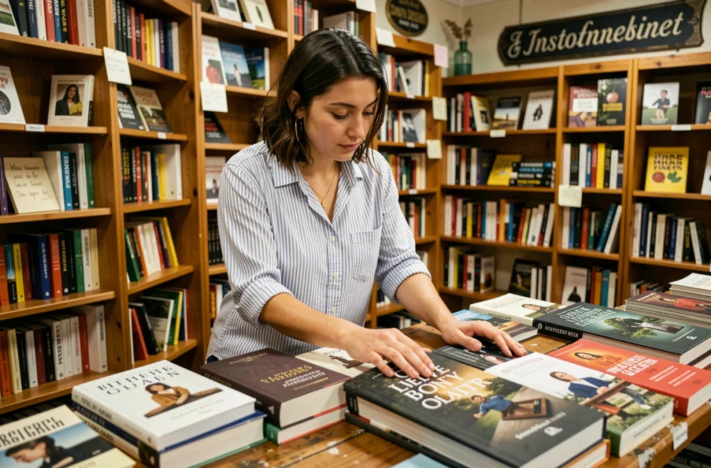 Lectrice comparant différents formats de livres dans une librairie indépendante pour évaluer l'importance du format en autoédition
