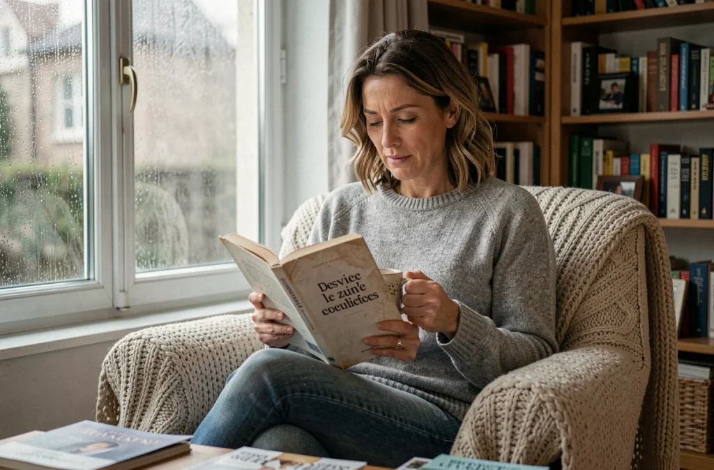 Femme lisant un roman français dans un fauteuil confortable près d'une fenêtre pluvieuse, illustrant l'impact émotionnel du livre La liste de mes envies sur les lecteurs