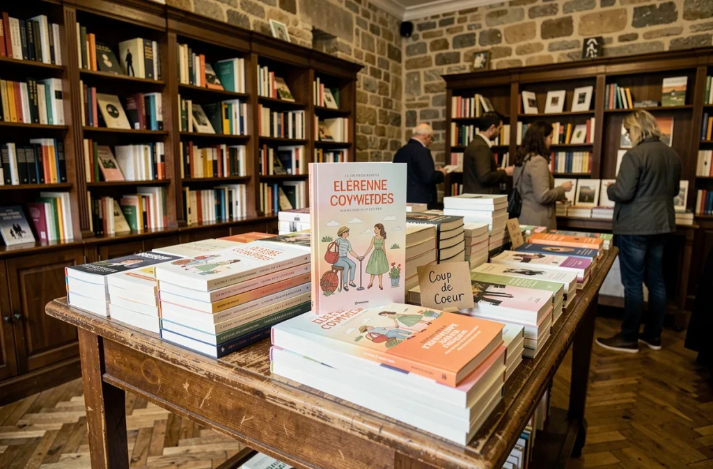 Table de libraire indépendante présentant un roman français best-seller dans une librairie parisienne, évoquant le succès de La liste de mes envies