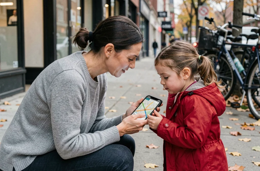 Mère expliquant le GPS à sa petite fille devant un smartphone dans une rue en automne