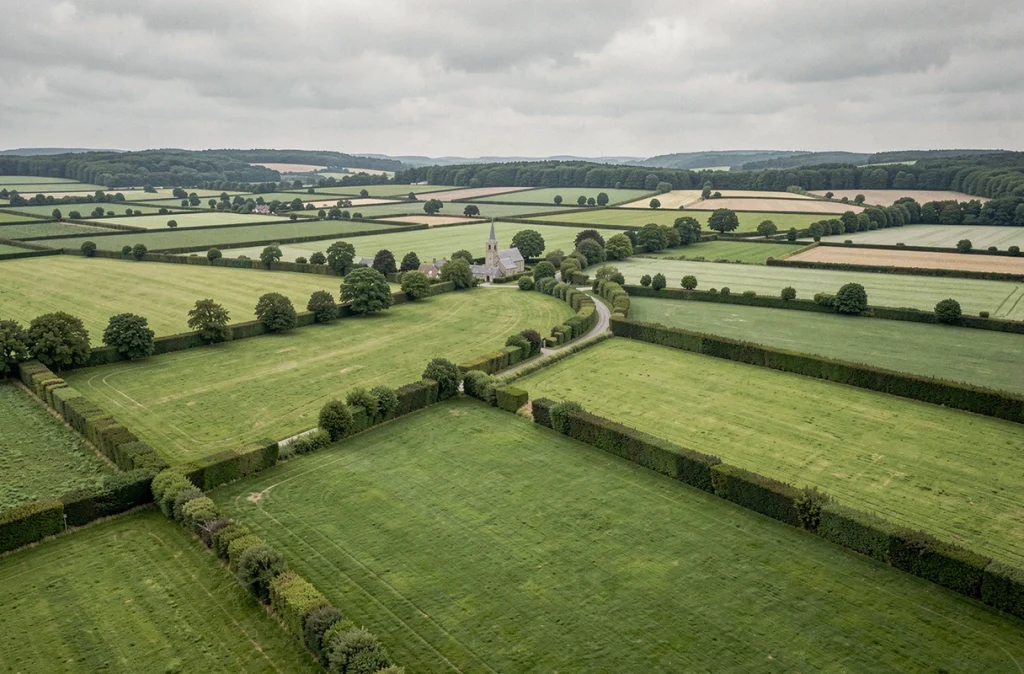 Paysage bocager normand vu en hauteur, illustrant la diversité du territoire régional de Normandie
