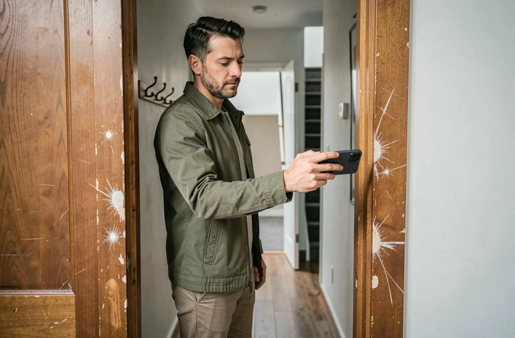 Locataire photographiant les dégâts sur un encadrement de porte lors d'un état des lieux de sortie