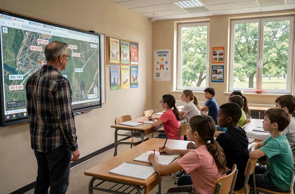 Enseignant expliquant le fonctionnement du GPS à des élèves de primaire devant un tableau interactif