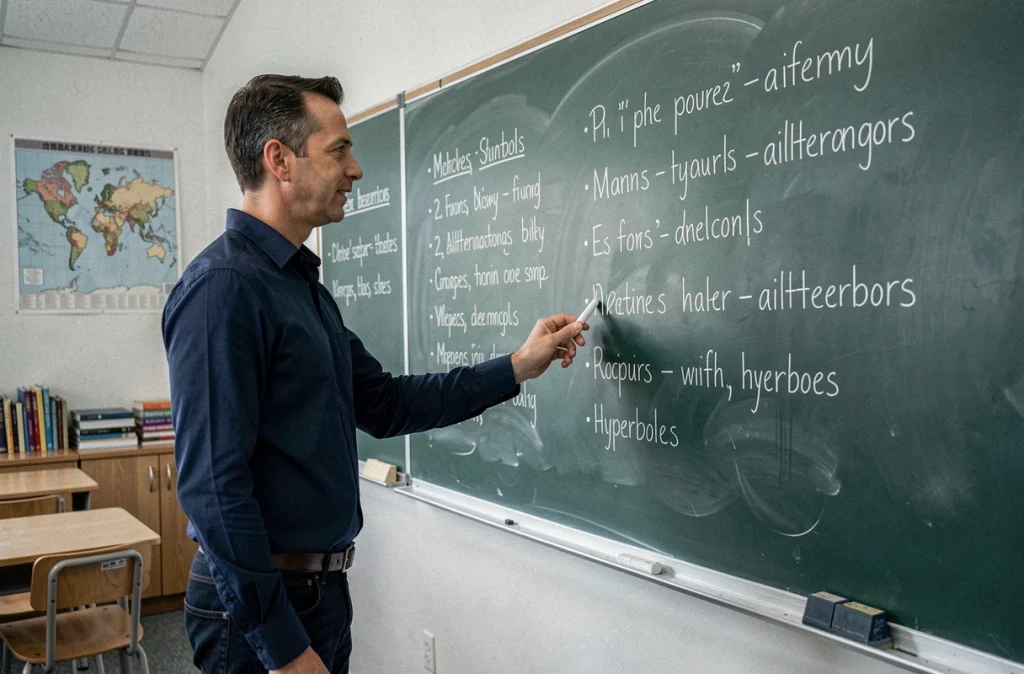 Professeur expliquant des figures de style au tableau dans une salle de classe