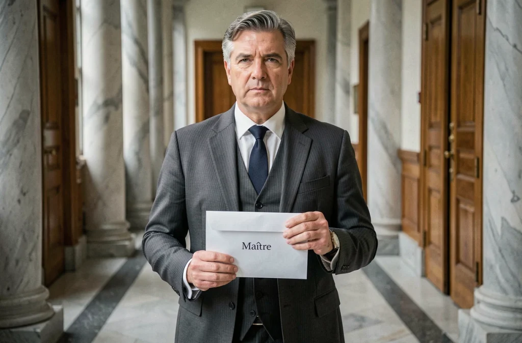 Professionnel juridique tenant une enveloppe officielle adressée à Maître dans le couloir d'un palais de justice