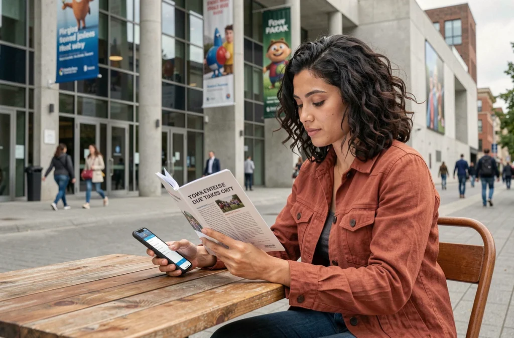 Femme consultant le programme de l'exposition Pixar avec son smartphone et une brochure