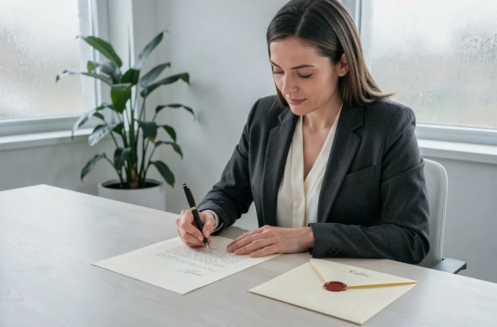 Femme rédigeant une lettre officielle adressée à un huissier de justice avec la mention Maître sur l'enveloppe