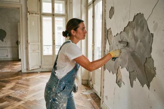Femme rénovant un mur en plâtre dans un appartement ancien de style haussmannien avec parquet en chevrons