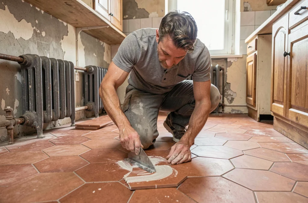 Artisan posant des carreaux de sol hexagonaux en terre cuite lors d'une rénovation de cuisine ancienne