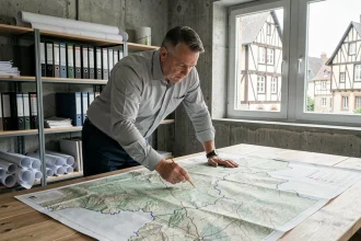 Urbaniste étudiant une carte topographique de la Normandie dans un bureau de planification territoriale