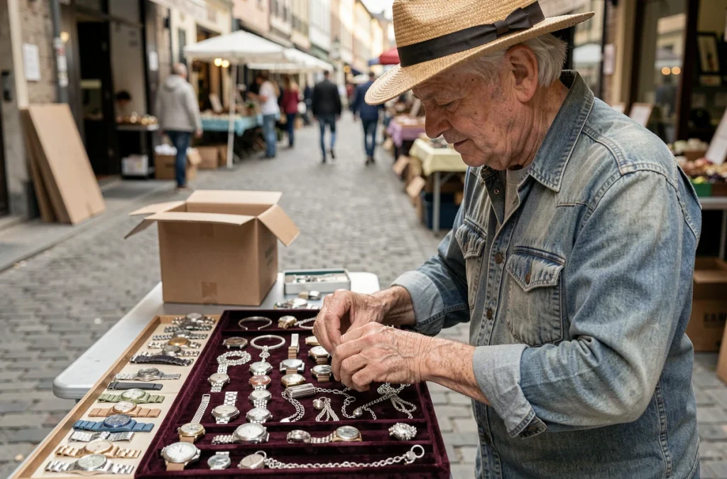 Vendeur âgé installant ses montres et bijoux anciens tôt le matin à la brocante