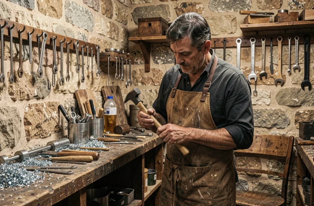 Façonnier indépendant martelant une bague en argent sur un mandrin dans son atelier artisanal aux murs en pierre à Marseille