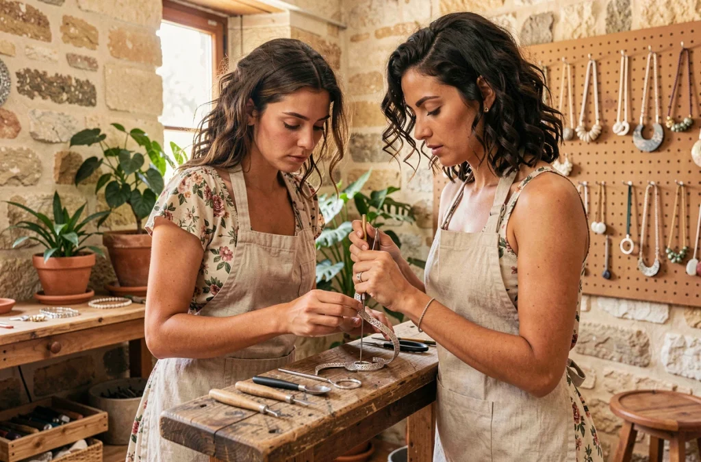 Artisane bijoutière soudant un bracelet en argent dans l'atelier provençal de L'Atelier d'Amaya à Aix-en-Provence