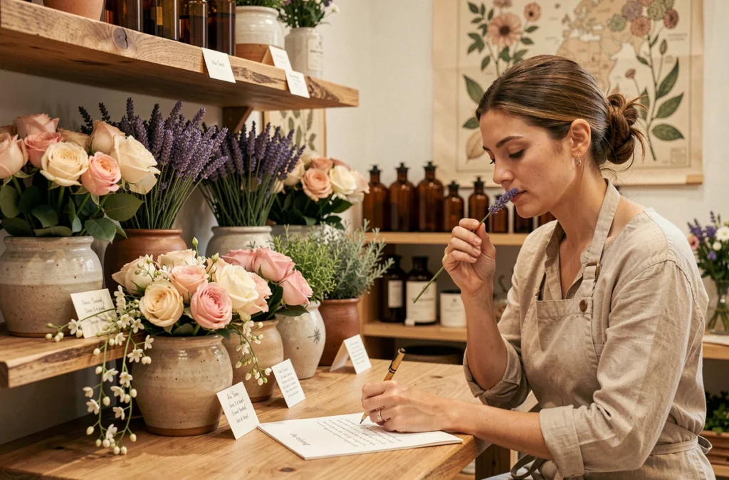 Boutique Au Sens Floral à Sens avec présentation sensorielle de roses, lavande et herbes aromatiques