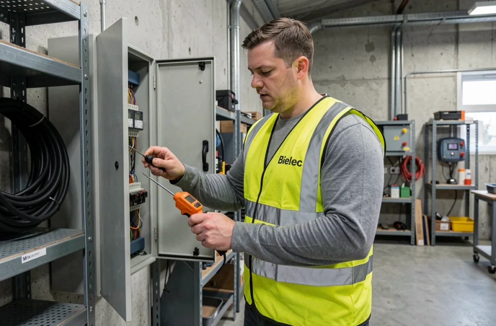 Électricien Bielec vérifiant un tableau électrique industriel dans un atelier commercial en Moselle
