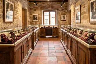 Intérieur d'une bijouterie provençale avec des vitrines en verre remplies de bijoux en or et diamants sur velours bordeaux
