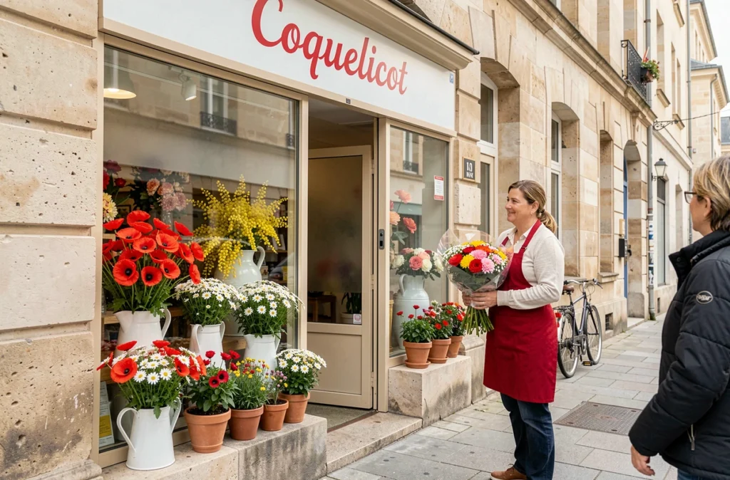 Devanture colorée de la boutique Coquelicot à Belfort avec bouquets et planters de façade