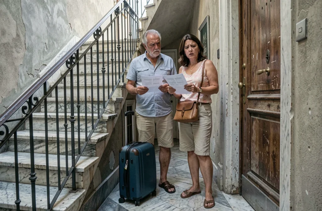 Couple face à une arnaque de location de vacances devant un appartement fermé en Italie avec leurs valises