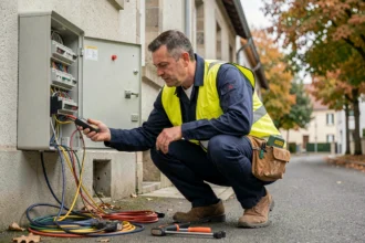 Électricien d'urgence en intervention sur un tableau électrique dans une rue résidentielle de Moselle