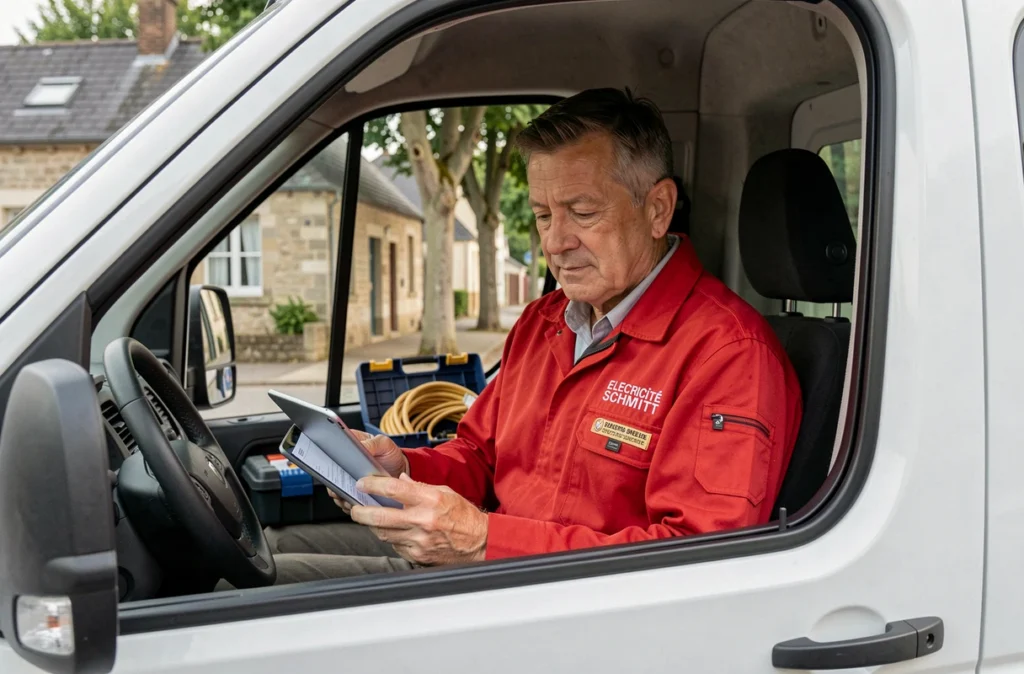 Électricien Electricité Schmitt consultant une fiche d'intervention sur tablette dans son véhicule de service en Moselle