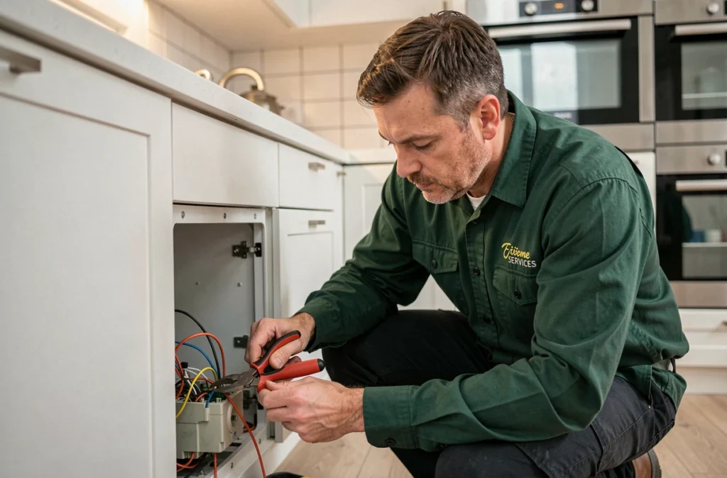 Électricien Etienne Services en train de raccorder des câbles dans une cuisine moderne en Moselle