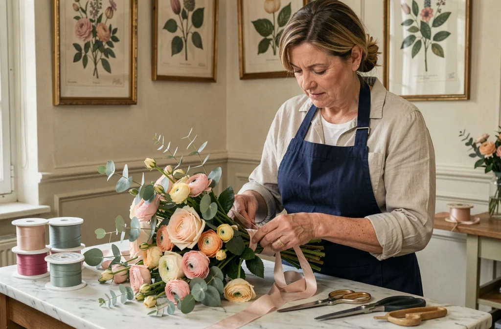 Fleuriste Isabelle Minini composant un bouquet artisanal dans son atelier floral de Dijon