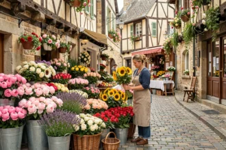 Marché floral animé dans une ville de Bourgogne-Franche-Comté avec des fleuristes et des bouquets colorés