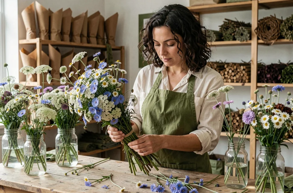 Fleuriste artisan de Fleurs Perello à Besançon assemblant un bouquet champêtre de fleurs sauvages