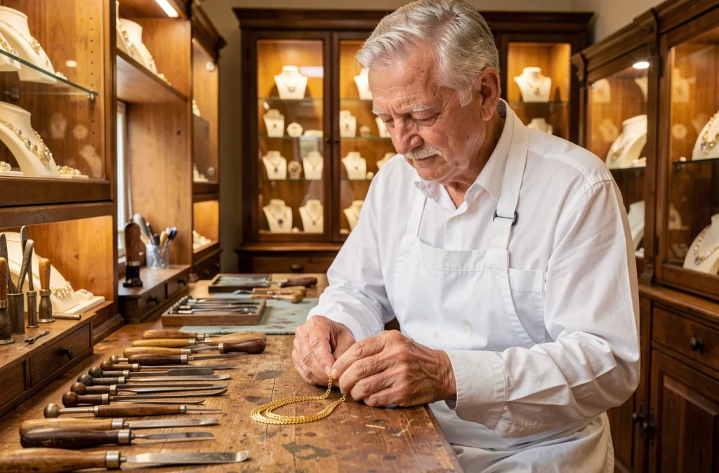 Joaillier traditionnel âgé travaillant une chaîne en or sur un établi en bois dans l'atelier classique de Frediani Joaillier à Nice