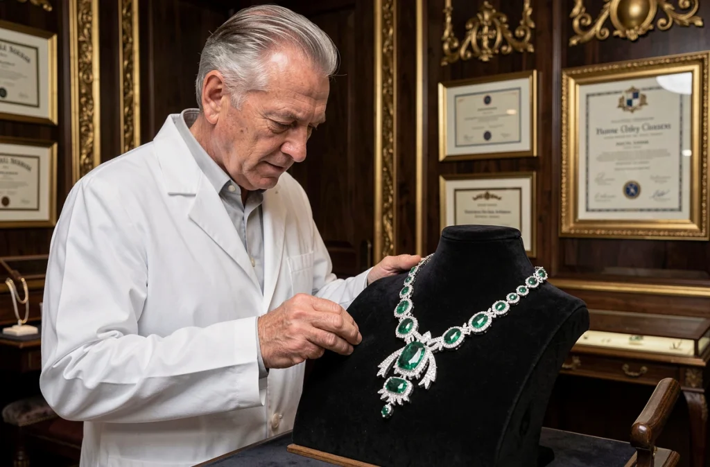 Maître joaillier présentant un collier en diamants et émeraudes sur velours noir dans le salon de haute joaillerie Frojo à Marseille