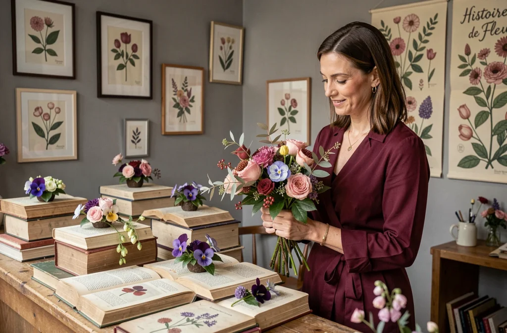 Intérieur narratif et poétique de la boutique Histoires de Fleurs à Dijon avec livres et arrangements floraux