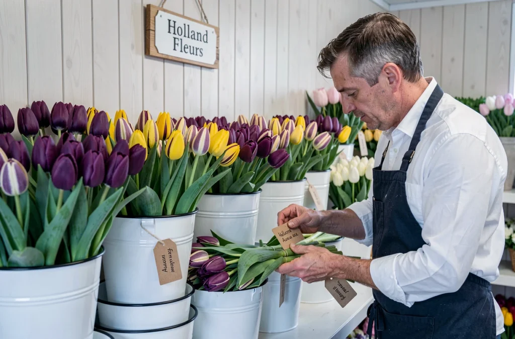 Boutique Holland Fleurs à Auxerre avec exposition soignée de tulipes néerlandaises colorées