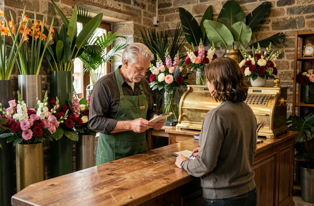 Intérieur de la boutique Jo Lafleur à Besançon avec arrangements floraux imposants et échange avec un client