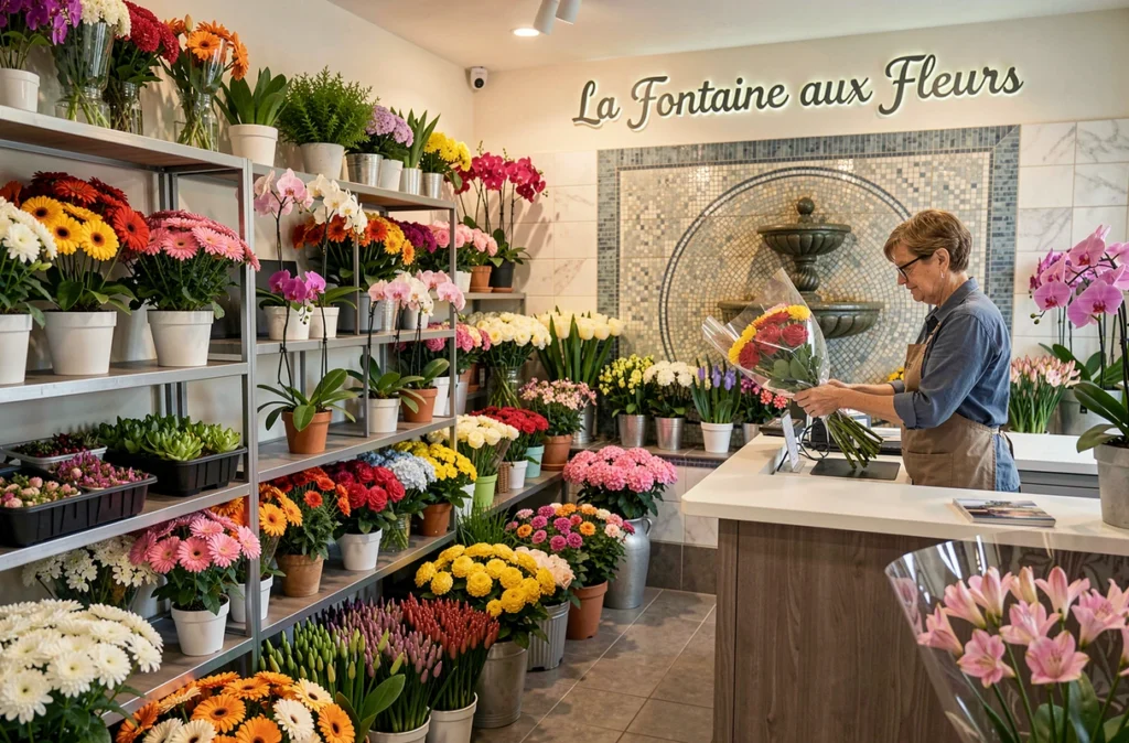 Intérieur généreux de La Fontaine aux Fleurs à Besançon avec large choix de fleurs en libre-service