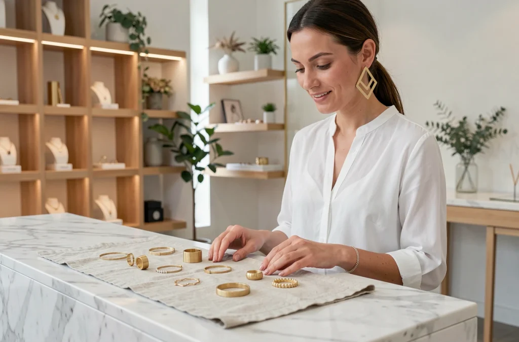 Cliente admirant des bijoux de créateur géométriques en or exposés sur du lin dans la boutique LUCKYTEAM à Aix-en-Provence