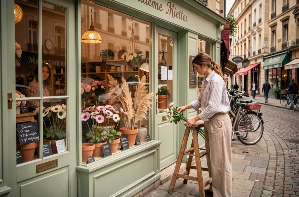 Devanture tendance de la boutique florale Madame Miettes à Dijon avec décoration végétale moderne