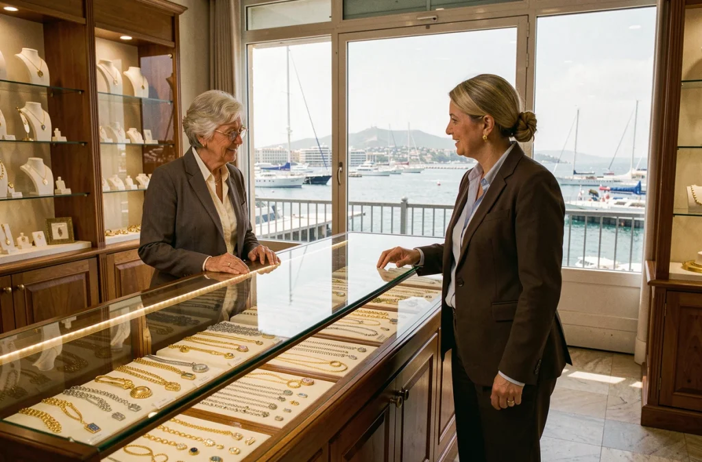 Deux femmes d'une bijouterie familiale arrangeant des bijoux en or dans une vitrine aux Terrasses du Port avec vue sur le port de Marseille