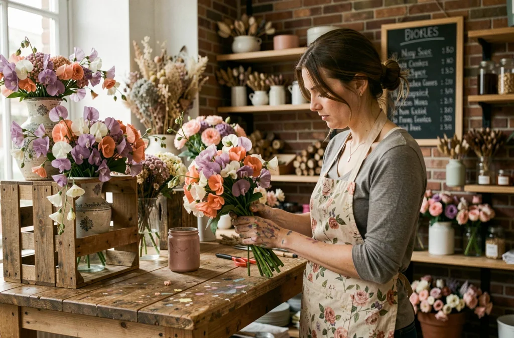 Intérieur créatif de la boutique Pois de Senteur à Dijon avec des fleurs de pois de senteur colorées