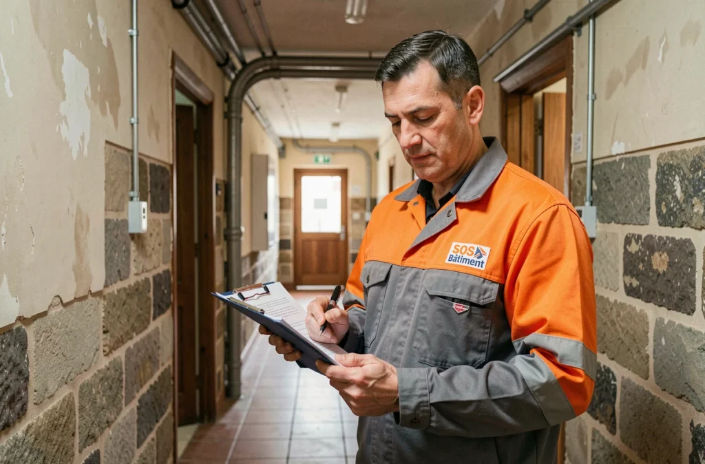 Technicien SOS Bâtiment inspectant un rapport de panne électrique dans le couloir d'un immeuble en Moselle